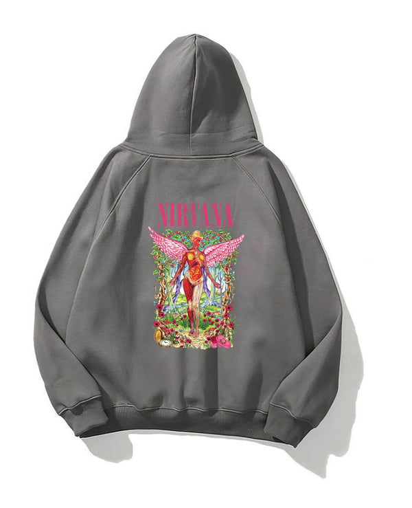 Kapüşonlu İçi Polar Pembe Nirvana Baskılı Füme Unisex Hoodie Sweatshirt