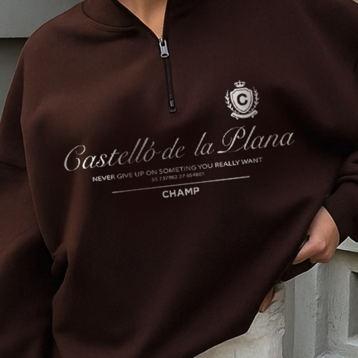 Kadın Oversize Sweatshirt Castelló de la Plana Baskılı Kahverengi – Yarım Fermuarlı, 3 İplik Polar