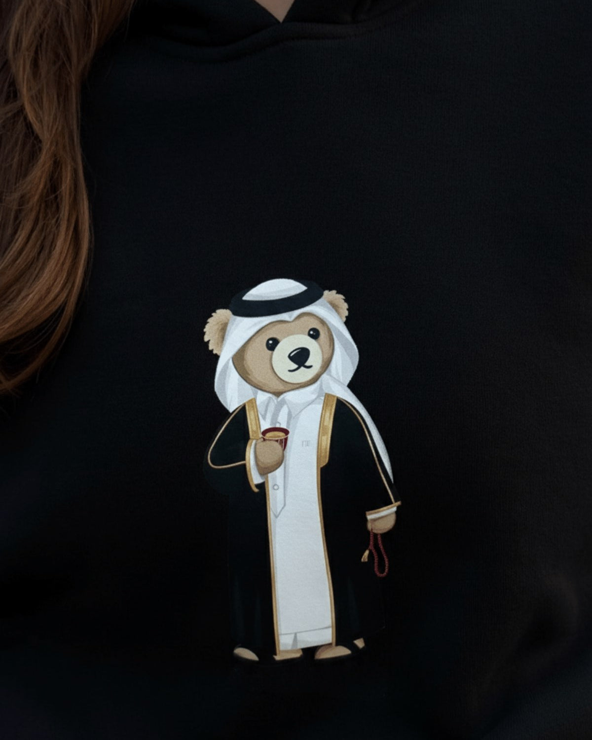 Kadın Oversize Sweatshirt Hoodie Qatari Bear Black Siyah – Kapüşonlu, 3 İplik Polar, Kanguru Cepli