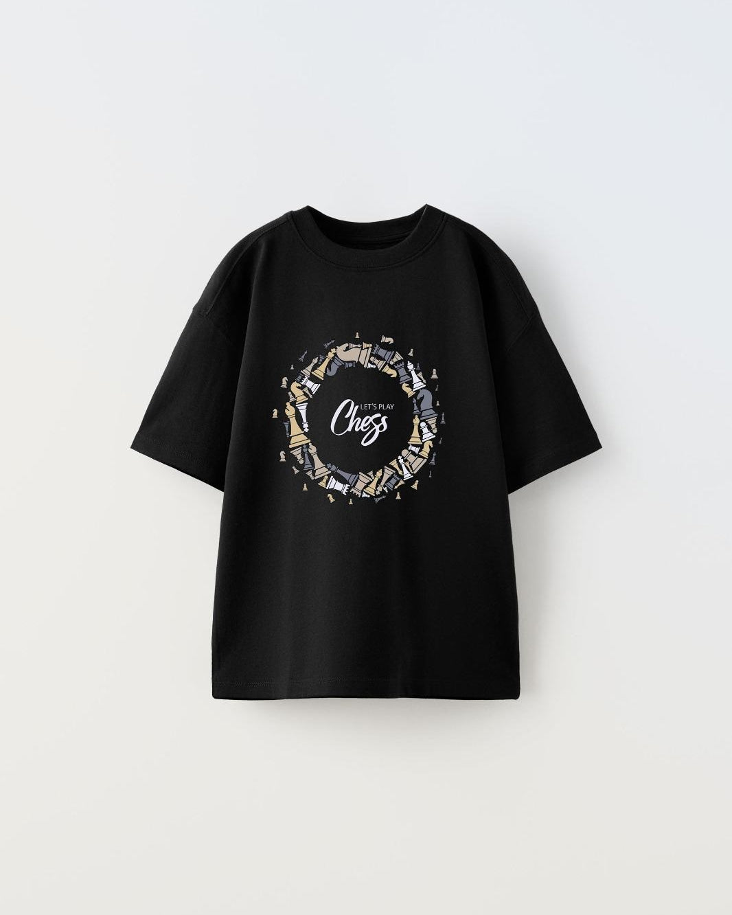 Let's Play Chess Yazılı Dönen Satranç Tasarım Baskılı Siyah Çocuk T-Shirt