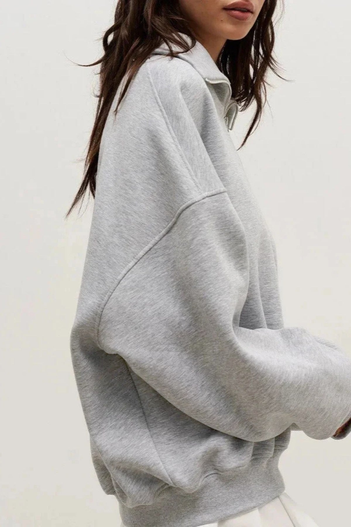 Kadın Gri Yarım Fermuarlı Ceket Sweatshirt 3 İplik Şardonlu Oversize Kesim