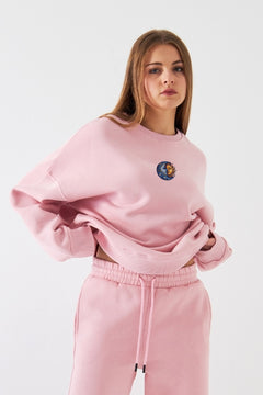 Kadın Oversize Sweatshirt Sun & Moon Baskılı Pembe – Bisiklet Yaka, 3 İplik Şardonlu Polar