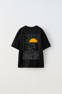 Sea Breeze Sunny Day California Yazılı Güneş Tasarım Baskılı Siyah Çocuk T-Shirt