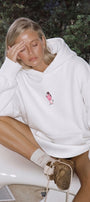 Kadın Oversize Hoodie Pink Kitty Club Baskılı Beyaz - Kapüşonlu, Cepli, 3 İplik Polar