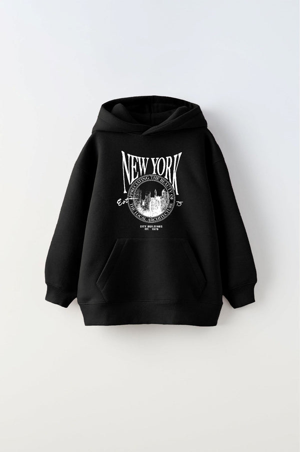 Kapüşonlu İçi Polar New York Yazı Baskılı Siyah Unisex Çocuk Hoodie Sweatshirt