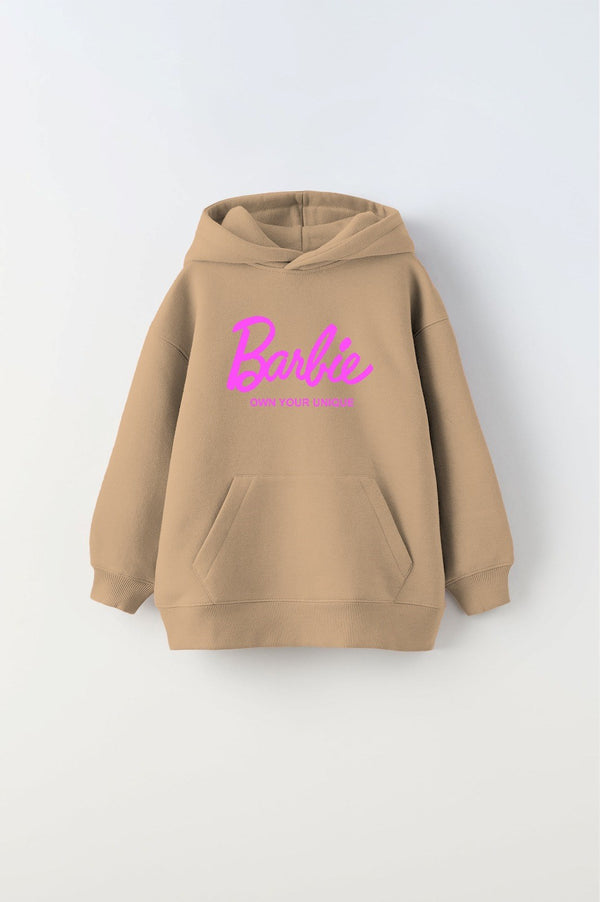 Kapüşonlu İçi Polar Barbie Own Your Unique Yazı Baskılı Bej Unisex Çocuk Hoodie Sweatshirt