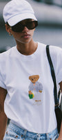 Kadın Oversize Tişört Bambino Bear Baskılı Beyaz – Bisiklet Yaka, Rahat Kalıp, %100 Pamuk