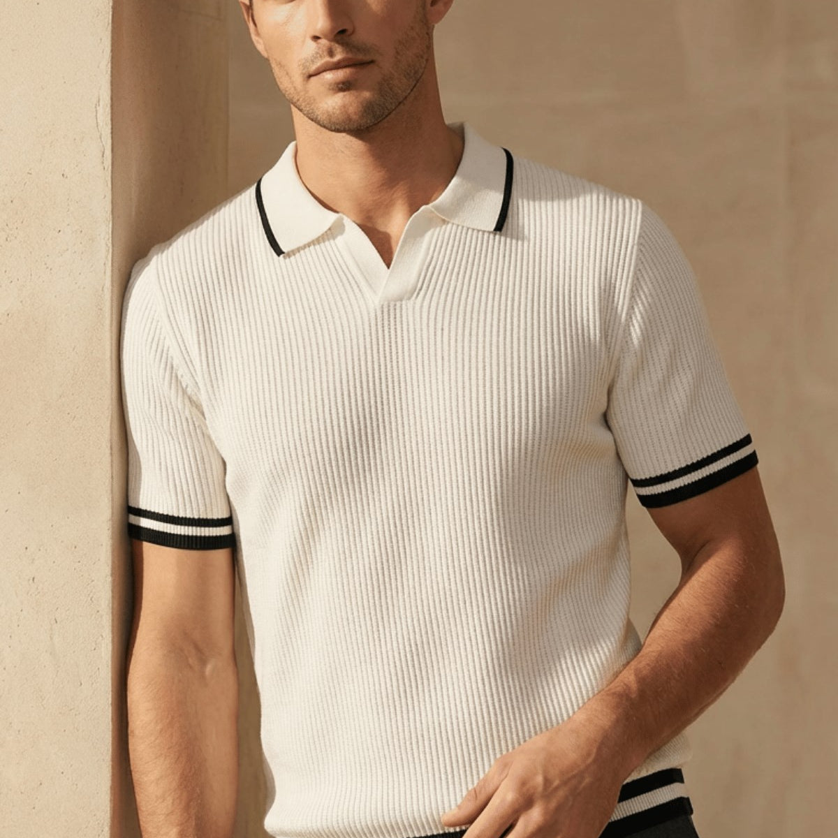 Erkek Fitilli Triko Polo Yaka Tişört Beyaz - Polo Çizgili Yaka, Fit, Yazlık, Örme