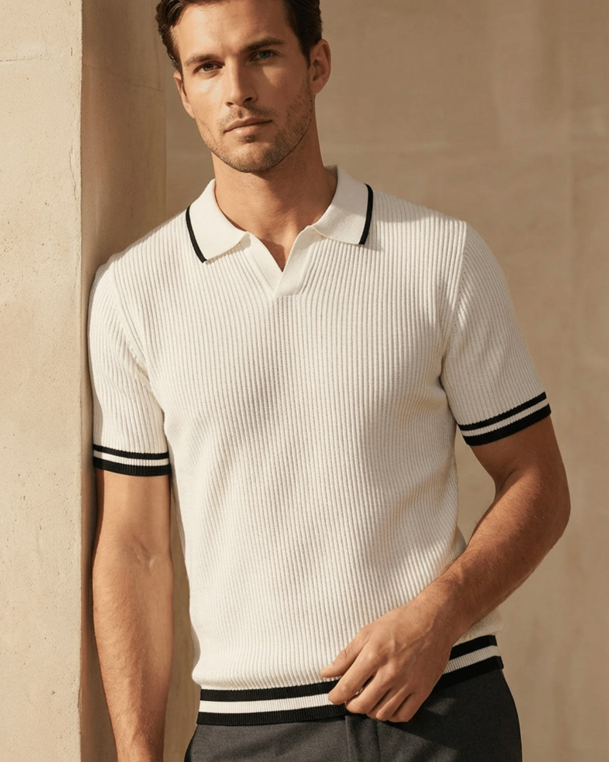 Erkek Fitilli Triko Polo Yaka Tişört Beyaz - Polo Çizgili Yaka, Fit, Yazlık, Örme