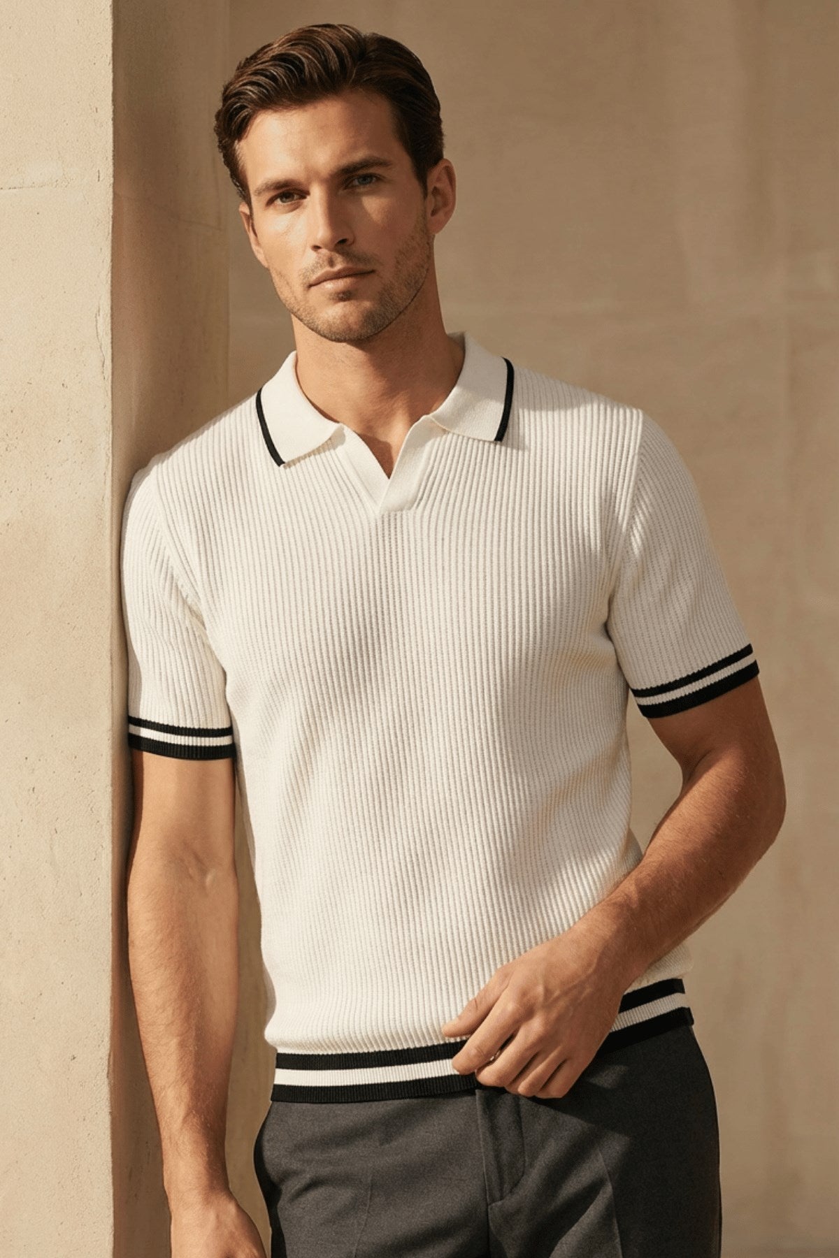 Erkek Fitilli Triko Polo Yaka Tişört Beyaz - Polo Çizgili Yaka, Fit, Yazlık, Örme