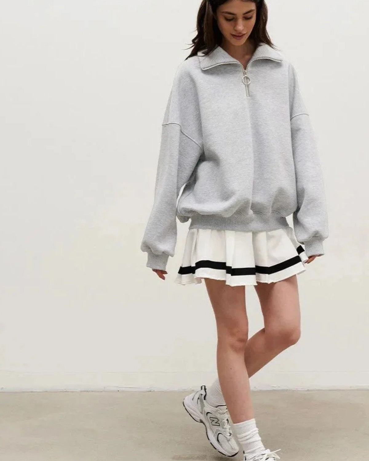 Kadın Gri Yarım Fermuarlı Ceket Sweatshirt 3 İplik Şardonlu Oversize Kesim