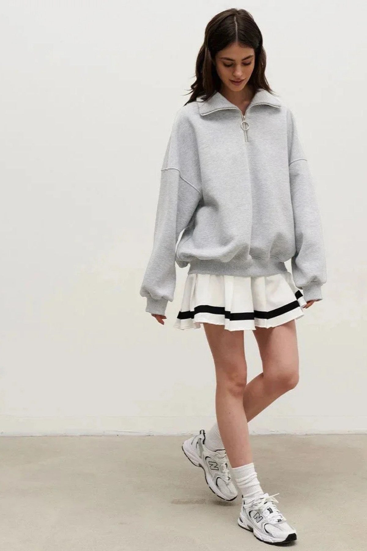 Kadın Gri Yarım Fermuarlı Ceket Sweatshirt 3 İplik Şardonlu Oversize Kesim
