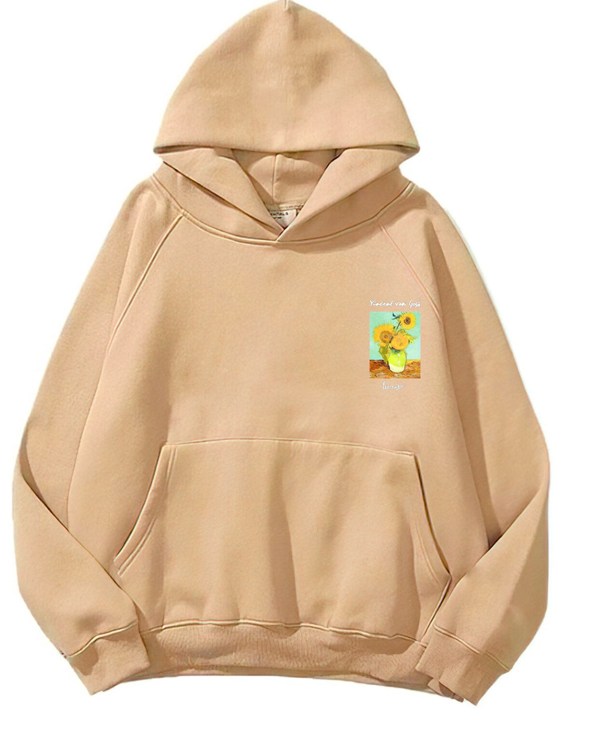 Kapüşonlu İçi Polar Vincent Van Gogh Baskılı Bej Unisex Hoodie Sweatshirt