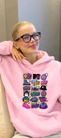 Kadın Oversize Hoodie Sweatshirt 90s Pop Patch Baskılı Pembe – Kapüşonlu, Kanguru Cepli, 3 İplik 