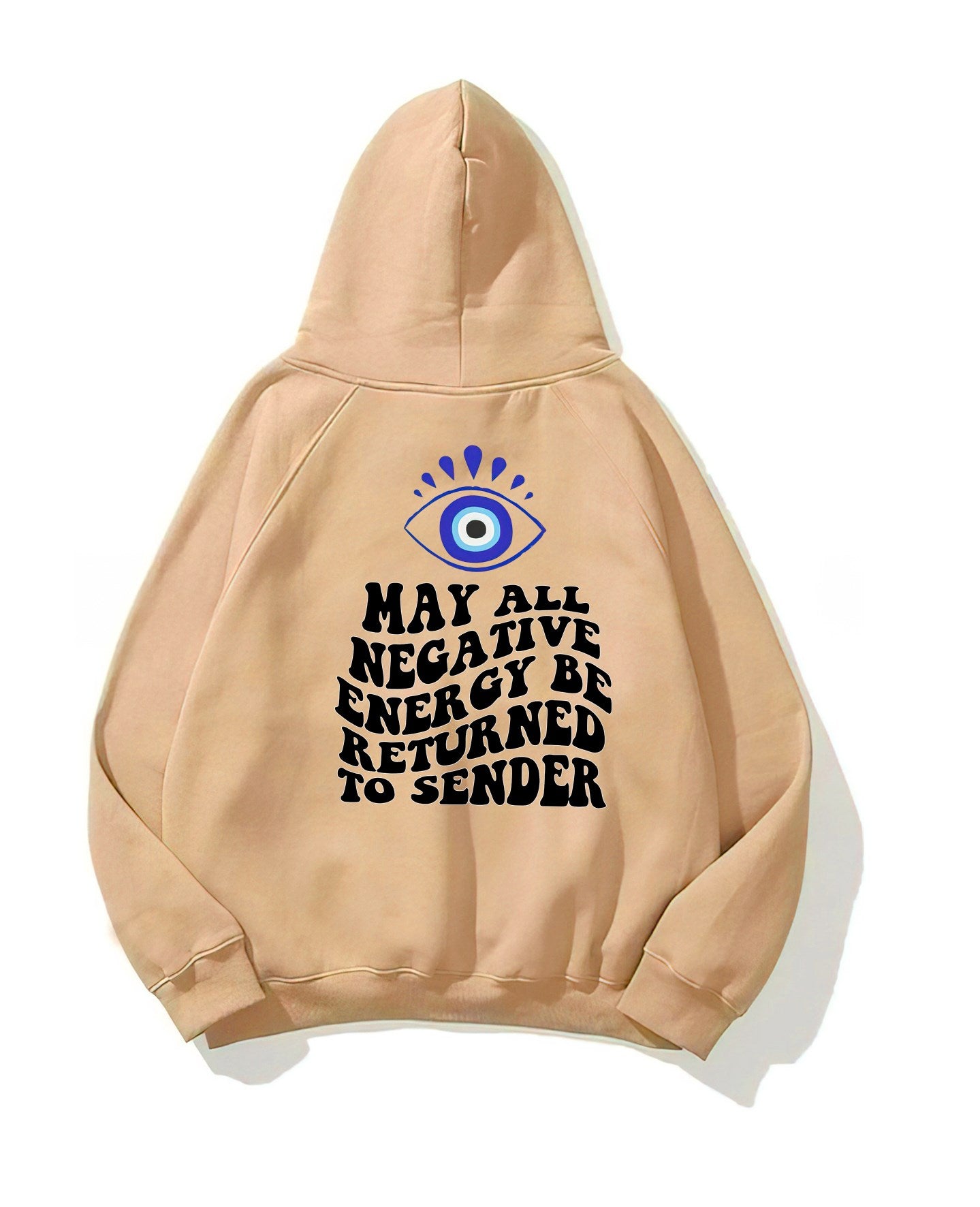 Kapüşonlu İçi Polar Kirpikli Nazar Boncuğu Baskılı Bej Unisex Sweatshirt