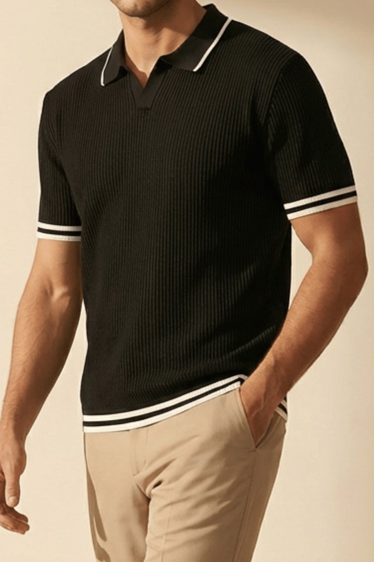 Erkek Fitilli Triko Polo Yaka Tişört Siyah - Polo Çizgili Yaka, Fit, Yazlık, Örme