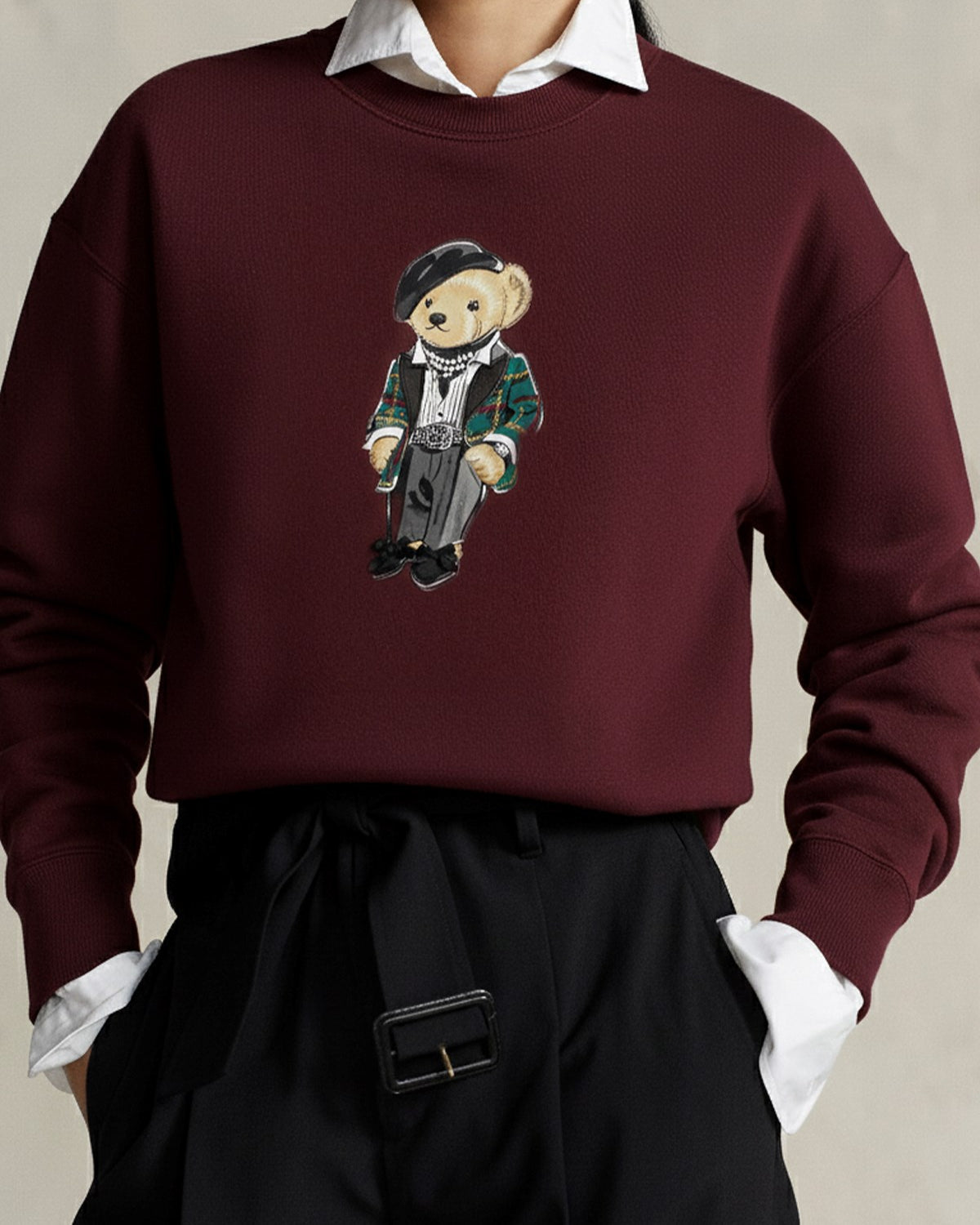 Kadın Oversize Sweatshirt Parisian Bear Baskılı Bordo – Bisiklet Yaka, 3 İplik Şardonlu 