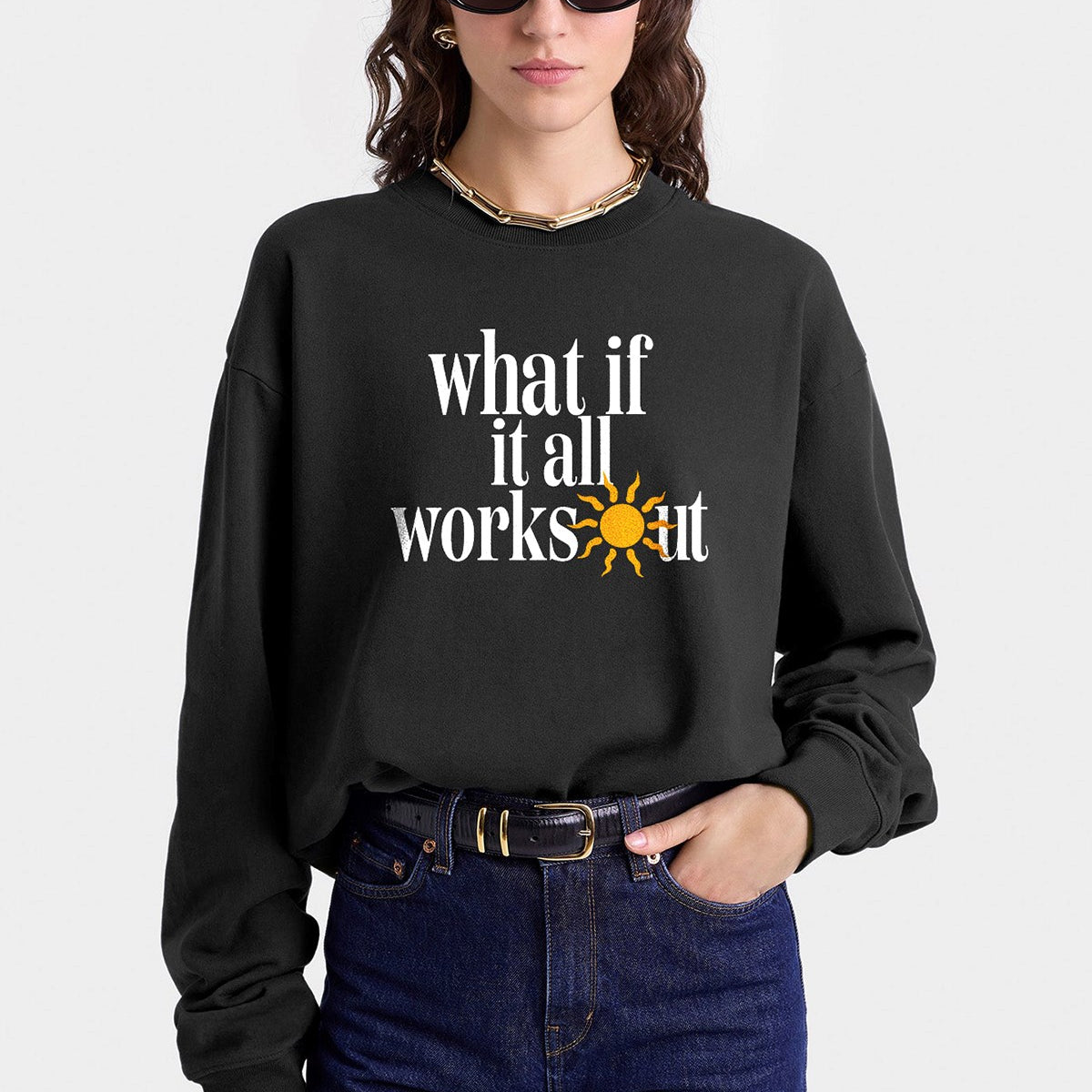Kadın Oversize Sweatshirt What If  Baskılı Füme Konsept – Bisiklet Yaka, 3 İplik Şardonlu Polar