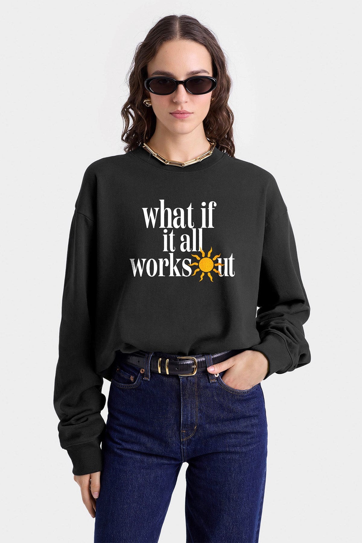 Kadın Oversize Sweatshirt What If  Baskılı Füme Konsept – Bisiklet Yaka, 3 İplik Şardonlu Polar