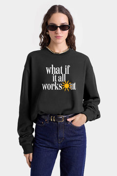 Kadın Oversize Sweatshirt What If  Baskılı Füme Konsept – Bisiklet Yaka, 3 İplik Şardonlu Polar