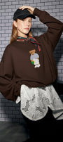 Kadın Oversize Sweatshirt City Club Bear Baskılı Kahverengi – Bisiklet Yaka, 3 İplik Şardonlu Polar
