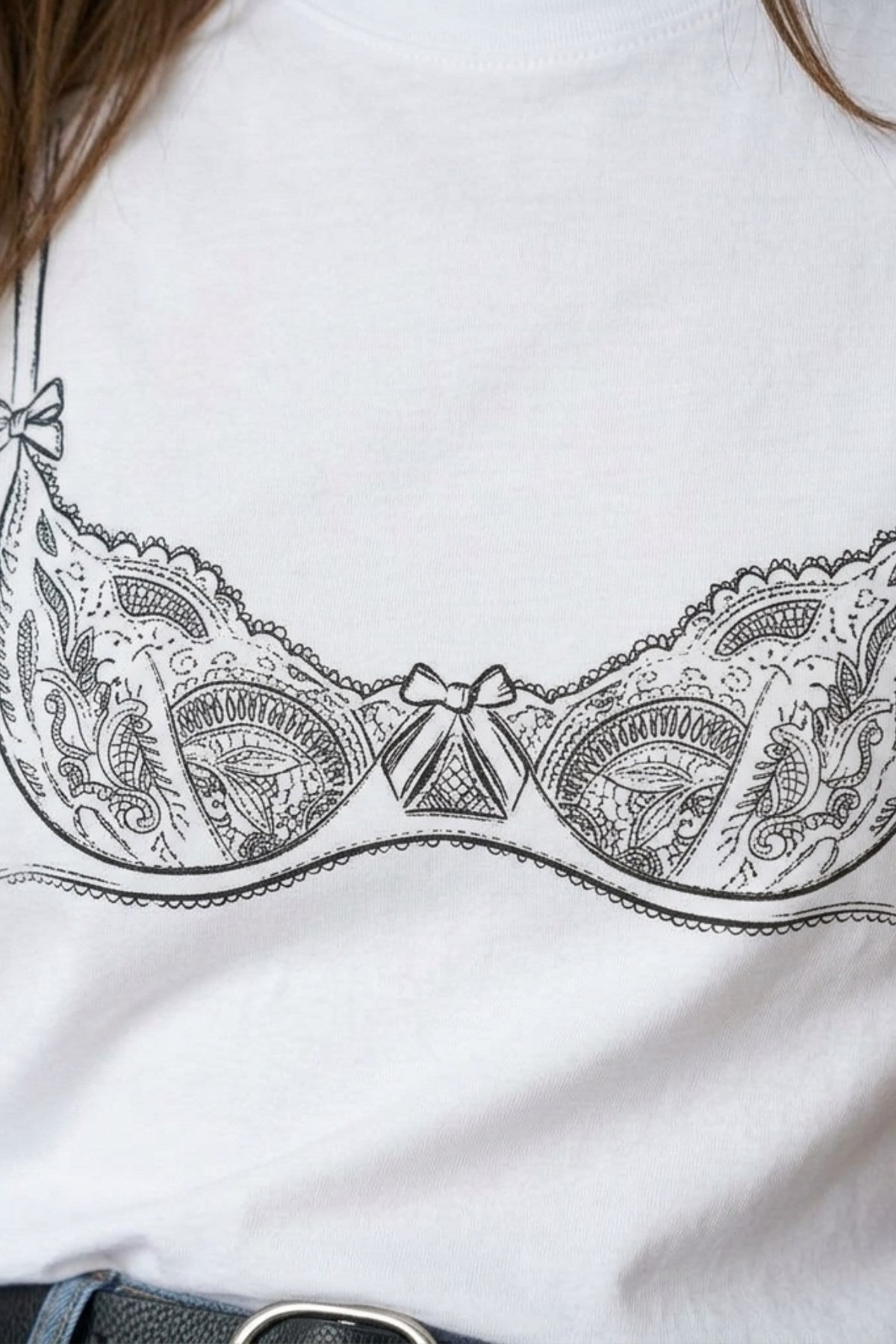 Kadın Double Oversize Lingerie Sketch Blue Baskılı Beyaz – Bisiklet Yaka, Rahat Kalıp, %100 Pamuk