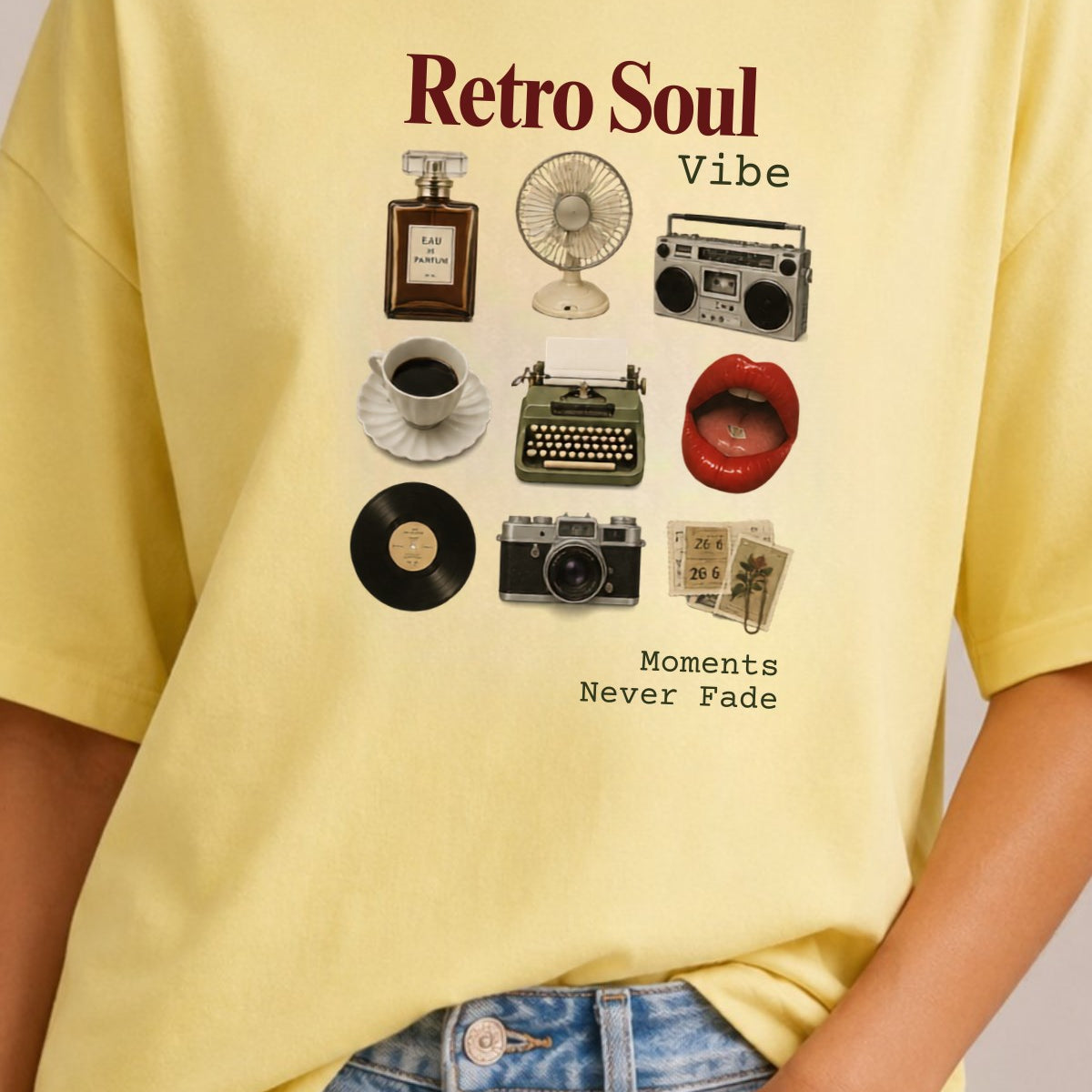 Kadın Oversize Tişört Retro Soul Vibe Baskılı Sarı – Bisiklet Yaka, Rahat Kalıp, %100 Pamuk