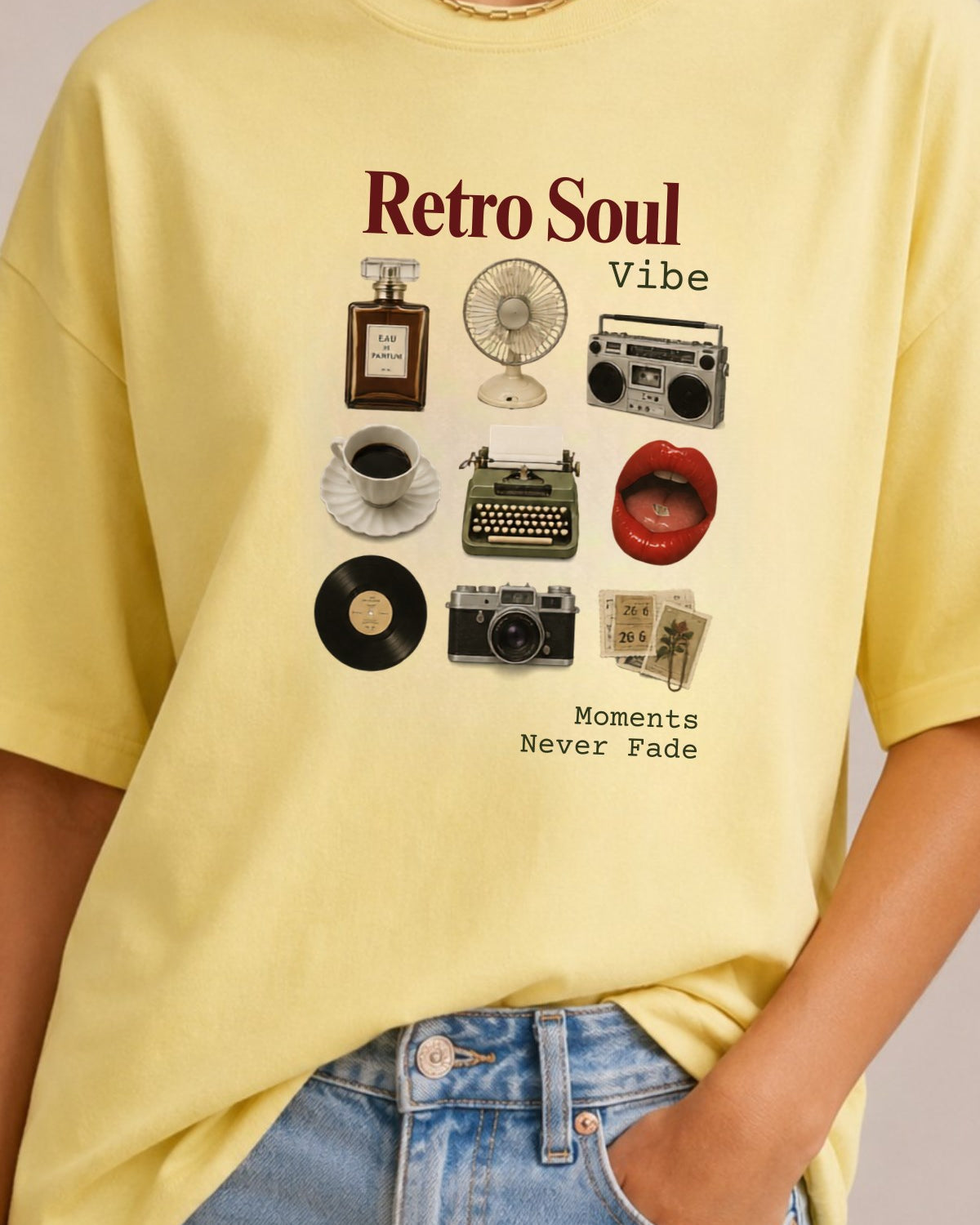 Kadın Oversize Tişört Retro Soul Vibe Baskılı Sarı – Bisiklet Yaka, Rahat Kalıp, %100 Pamuk