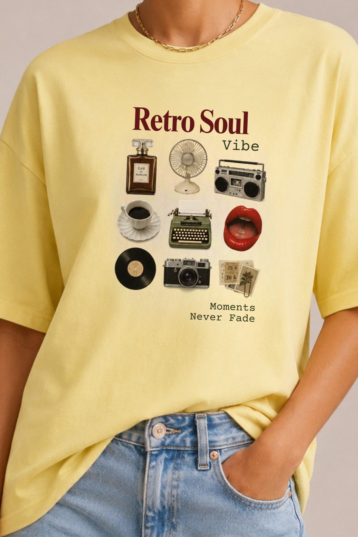 Kadın Oversize Tişört Retro Soul Vibe Baskılı Sarı – Bisiklet Yaka, Rahat Kalıp, %100 Pamuk