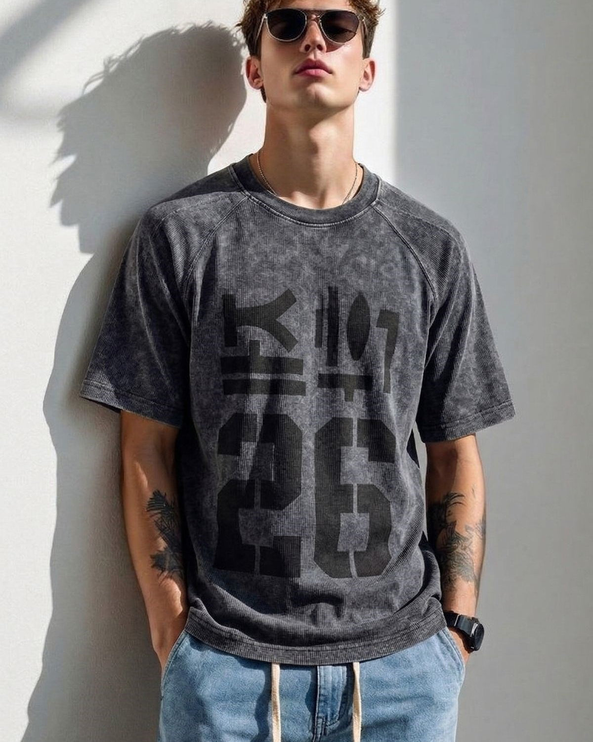 Erkek Oversize Tişört Code 26 Baskılı Füme Yıkamalı –Premium Vintage Özel Kumaş