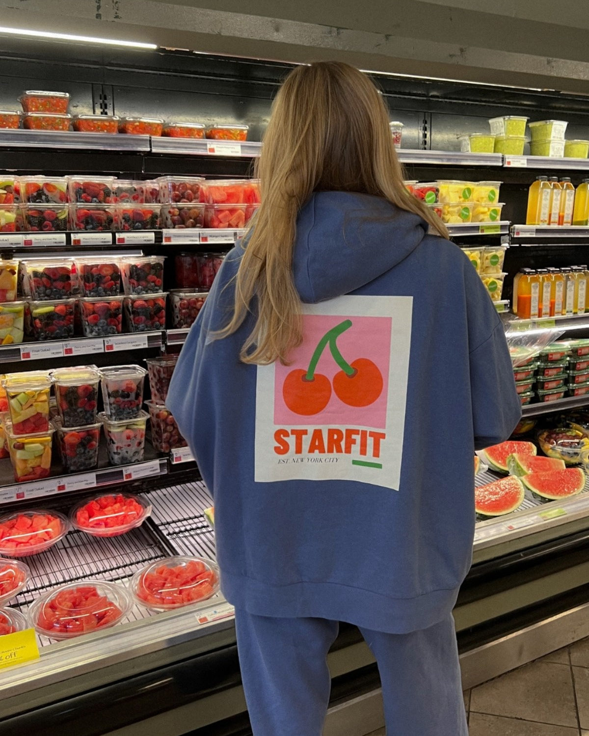 Oversize Kadın Eşofman Takımı Kiraz STARFIT Baskılı Marine – 3 İplik Polar, Kapüşonlu, Lastikli Paça