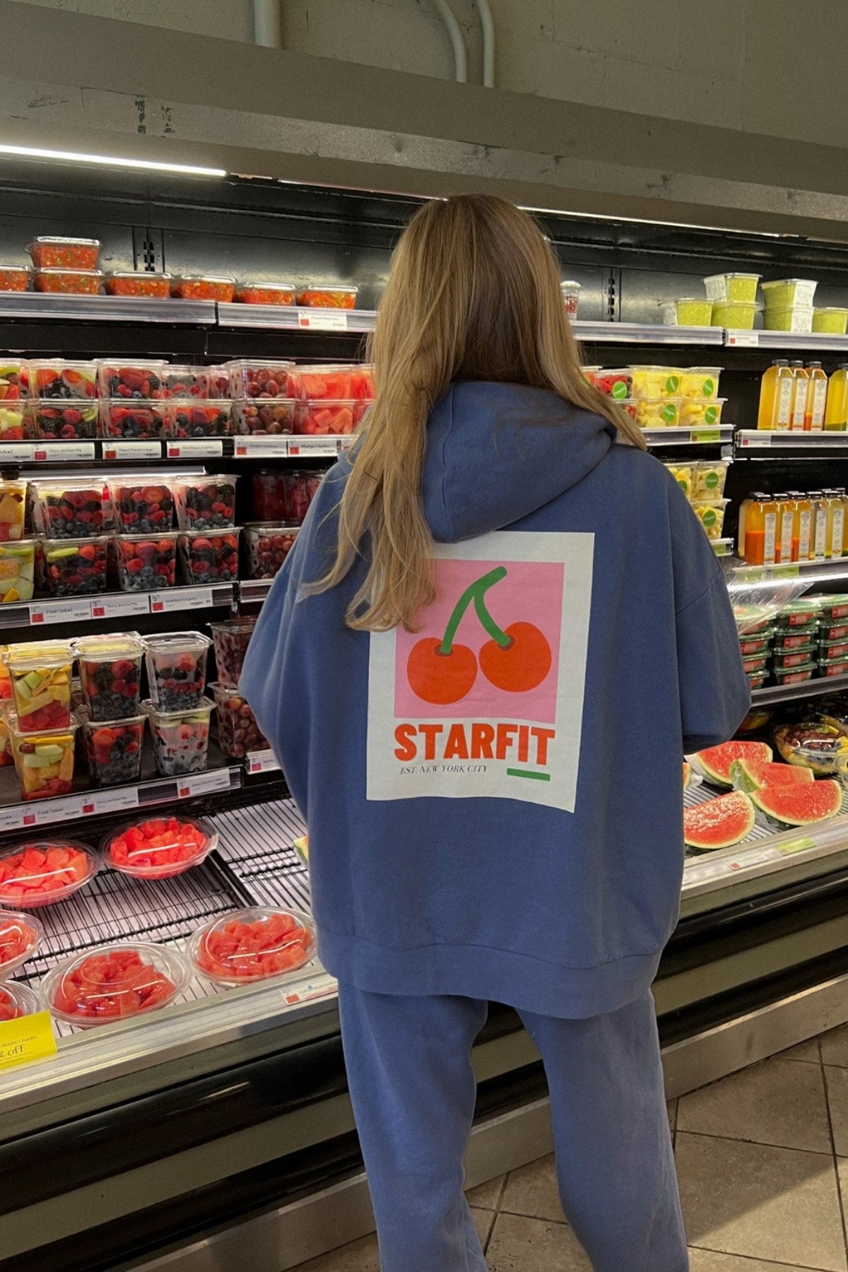 Oversize Kadın Eşofman Takımı Kiraz STARFIT Baskılı Marine – 3 İplik Polar, Kapüşonlu, Lastikli Paça