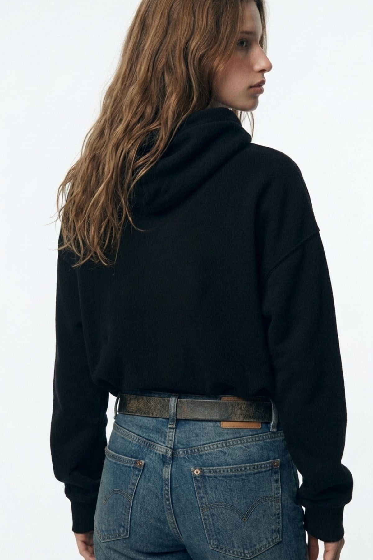 Kadın Oversize Hoodie Palmiye Nakışlı Siyah – Kapüşonlu, Kanguru Cepli, 3 İplik Polar