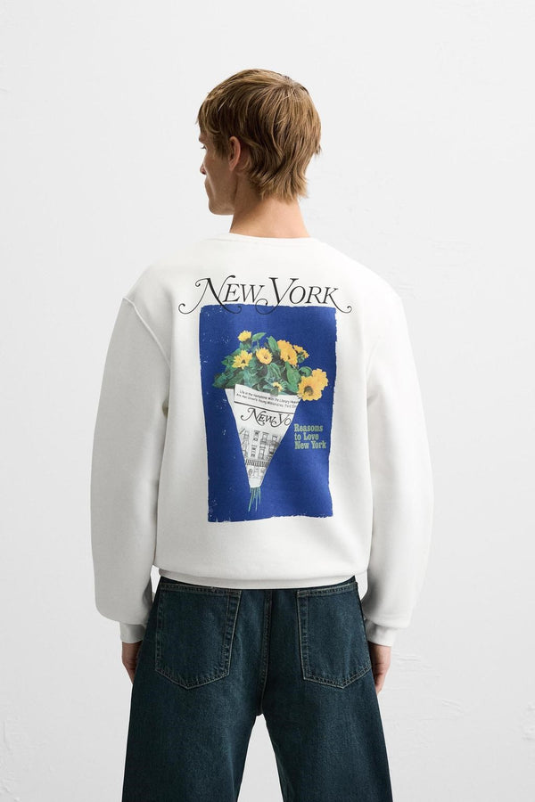 Beyaz New York Baskılı Sırt Baskı Detaylı Bisiklet Yaka Oversize Sweatshirt