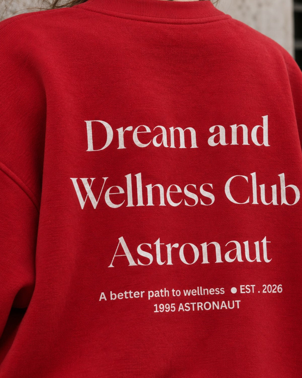 Kadın Oversize Sweatshirt Wellness Baskılı Kırmızı – Bisiklet Yaka, 3 İplik Şardonlu Polar