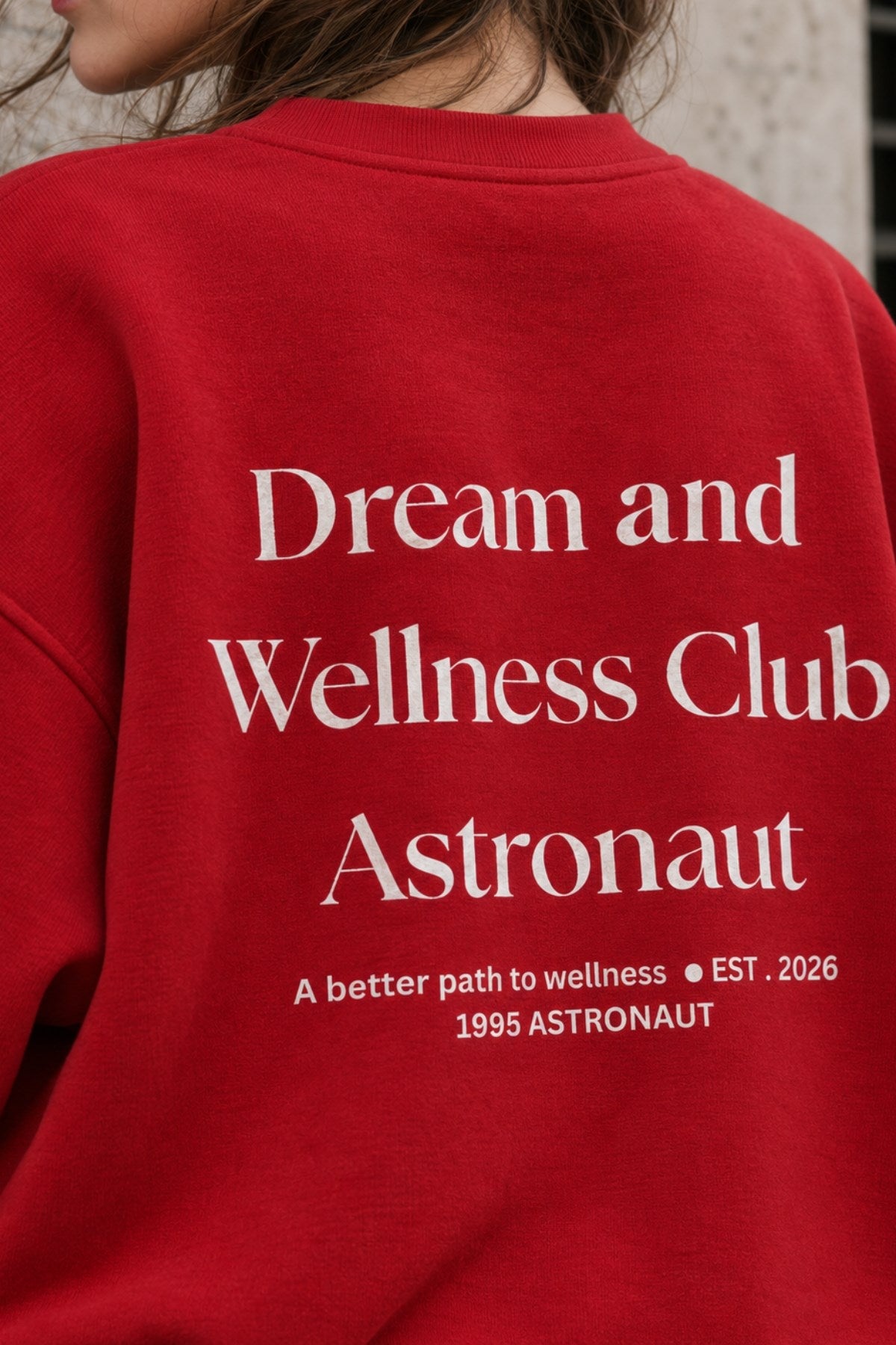 Kadın Oversize Sweatshirt Wellness Baskılı Kırmızı – Bisiklet Yaka, 3 İplik Şardonlu Polar