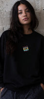 Kadın Oversize Sweatshirt Retro Kaset Baskılı Siyah – Bisiklet Yaka, 3 İplik Şardonlu Polar