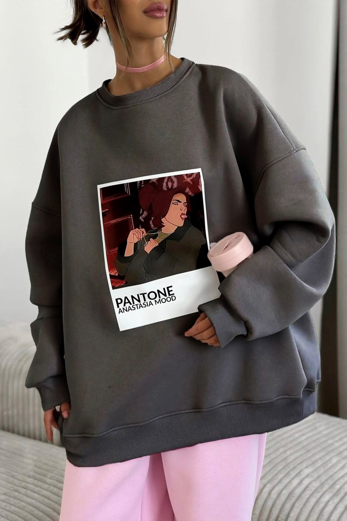 Kadın Oversize Sweat Elbise Füme – 3 İplik Şardonlu , Bisiklet Yaka, Pantone - prenses baskılı