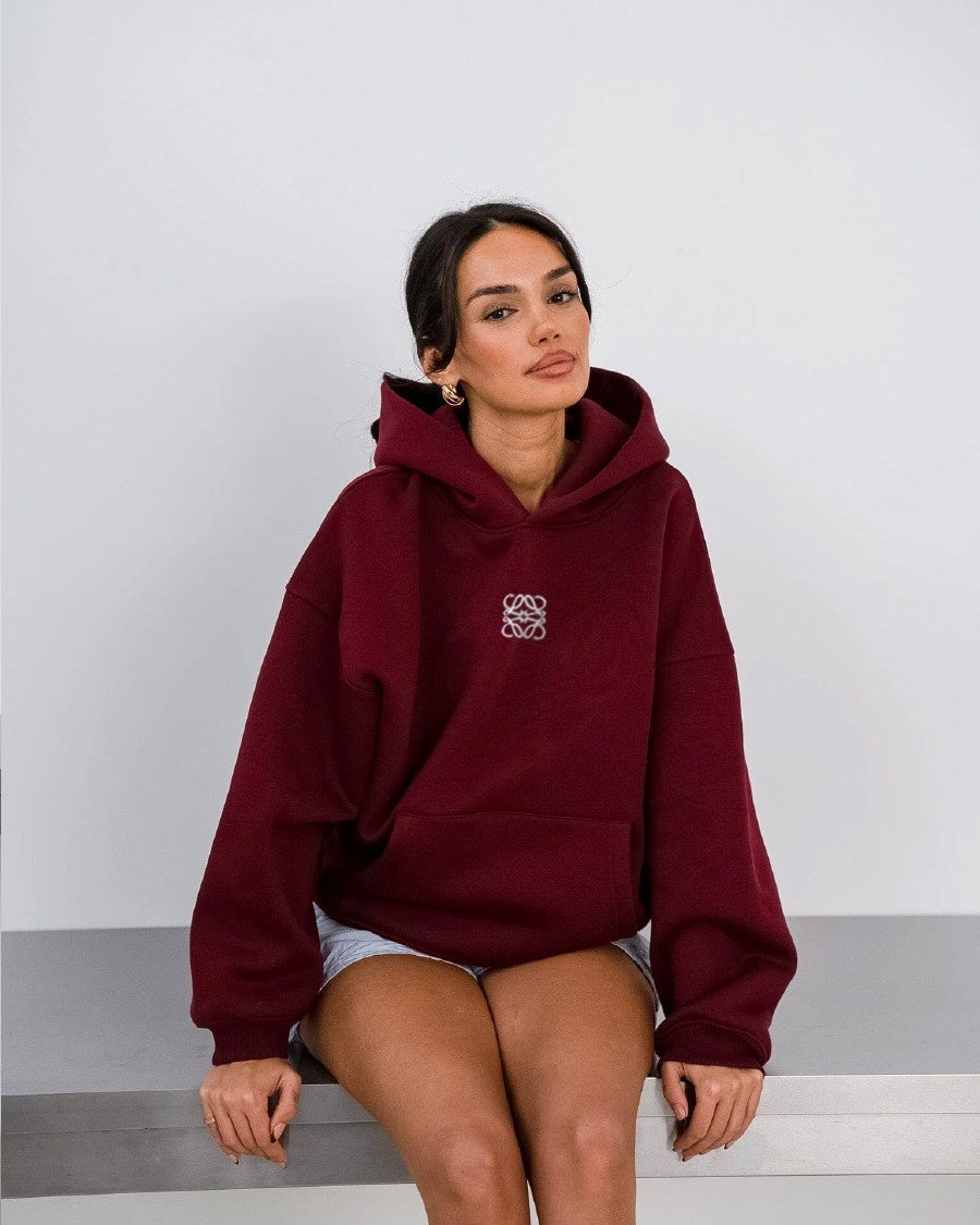 Bordo Unisex Yüksek Baskılı Kapüşonlu Kanguru Cepli Oversize Hoodie