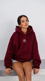 Bordo Unisex Yüksek Baskılı Kapüşonlu Kanguru Cepli Oversize Hoodie