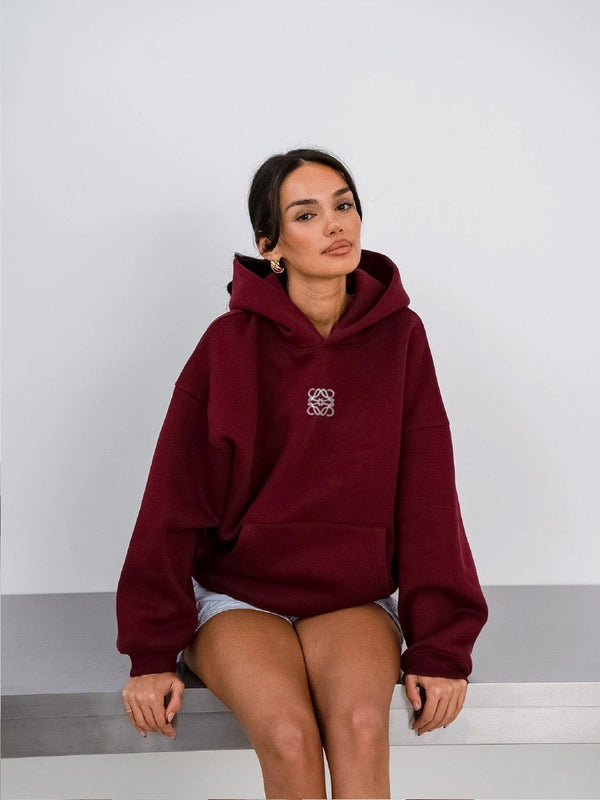 Bordo Unisex Yüksek Baskılı Kapüşonlu Kanguru Cepli Oversize Hoodie