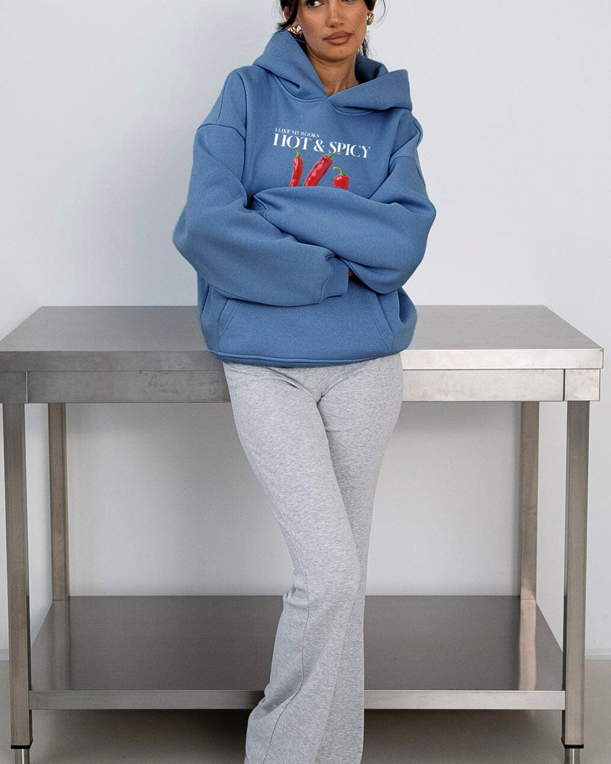 Kadın Oversize Sweatshirt Hoodie Hot & Spicy Baskılı Marine – Kapüşonlu, 3 İplik Şardonlu Polar