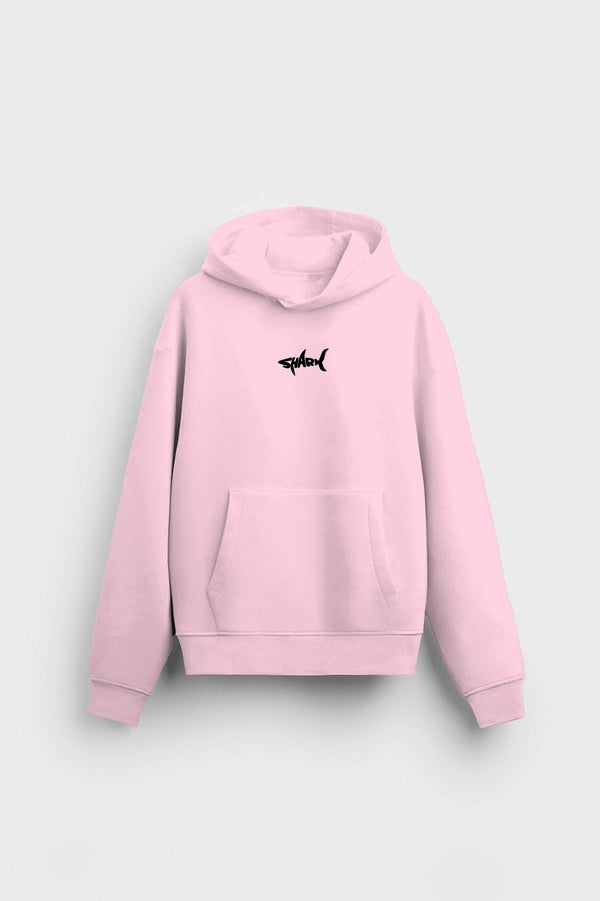 Kapüşonlu İçi Polar Shark Baskılı Pembe Oversize Hoodie Sweatshirt