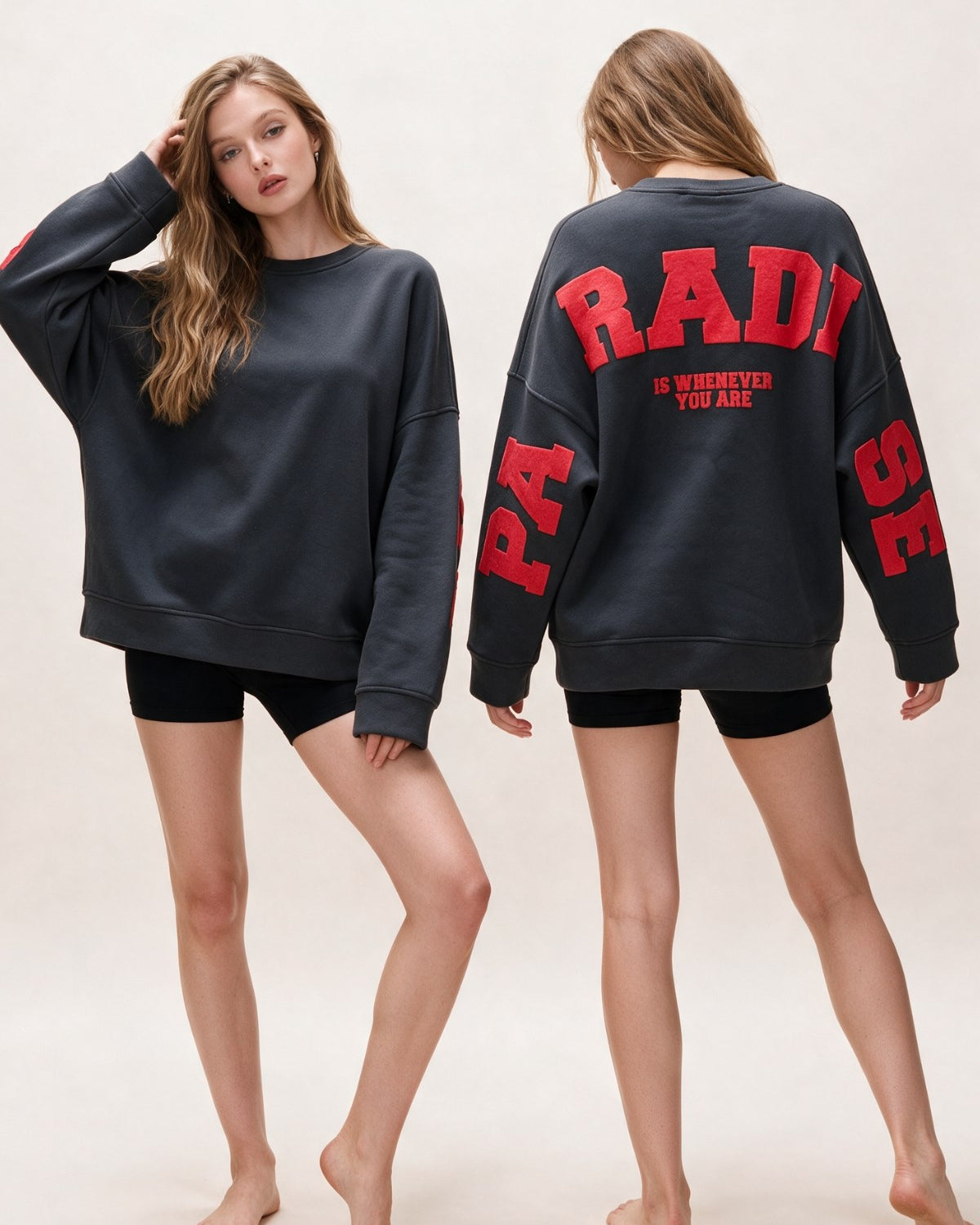 Kadın Oversize Sweatshirt Paradise Varsity Kabartma Baskılı Füme – Bisiklet Yaka, 3 İplik Şardonlu Polar