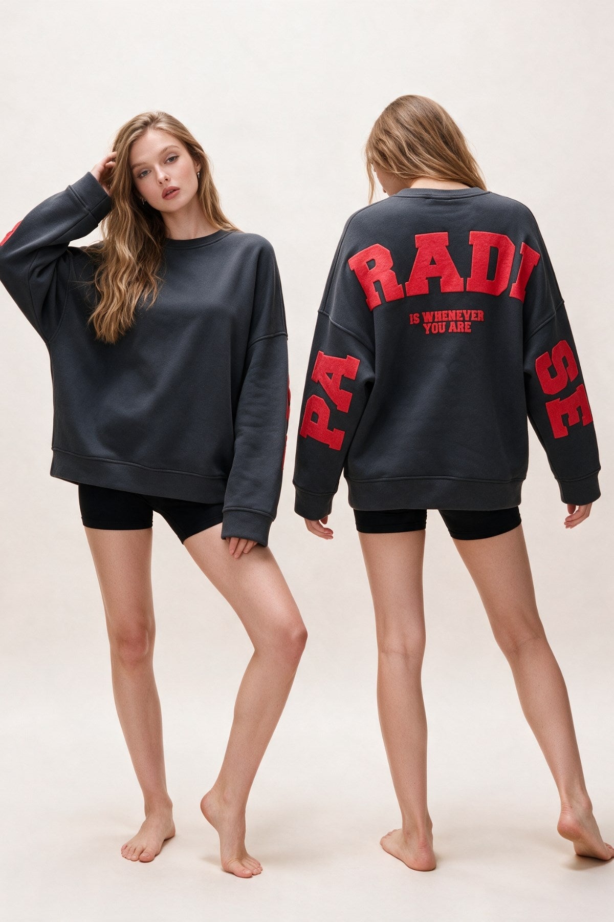 Kadın Oversize Sweatshirt Paradise Varsity Kabartma Baskılı Füme – Bisiklet Yaka, 3 İplik Şardonlu Polar