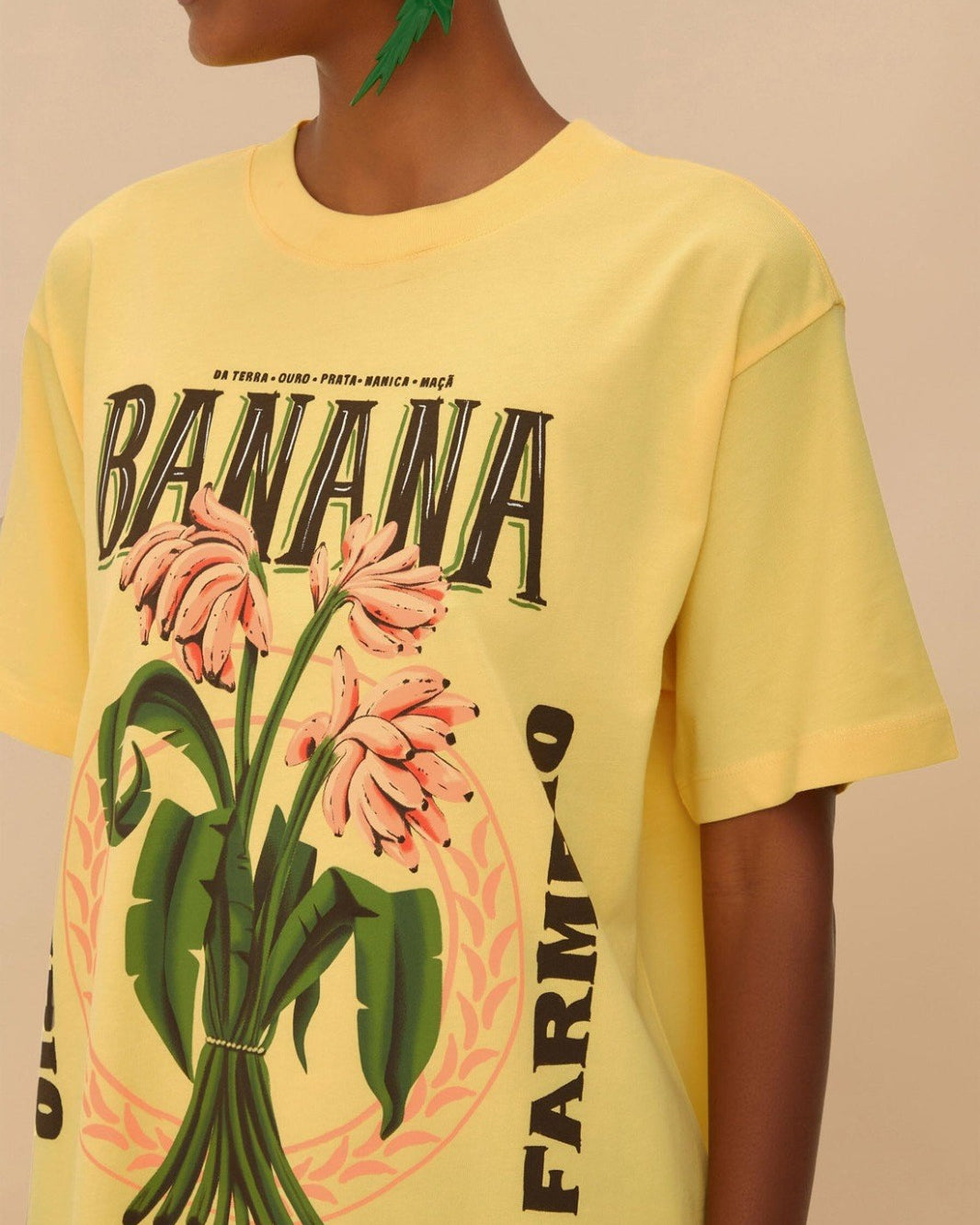 Kadın Sarı Oversize Banana Yazılı Tropikal Desenli Yazlık Tişört