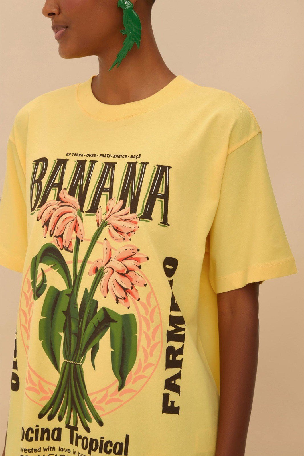 Kadın Sarı Oversize Banana Yazılı Tropikal Desenli Yazlık Tişört