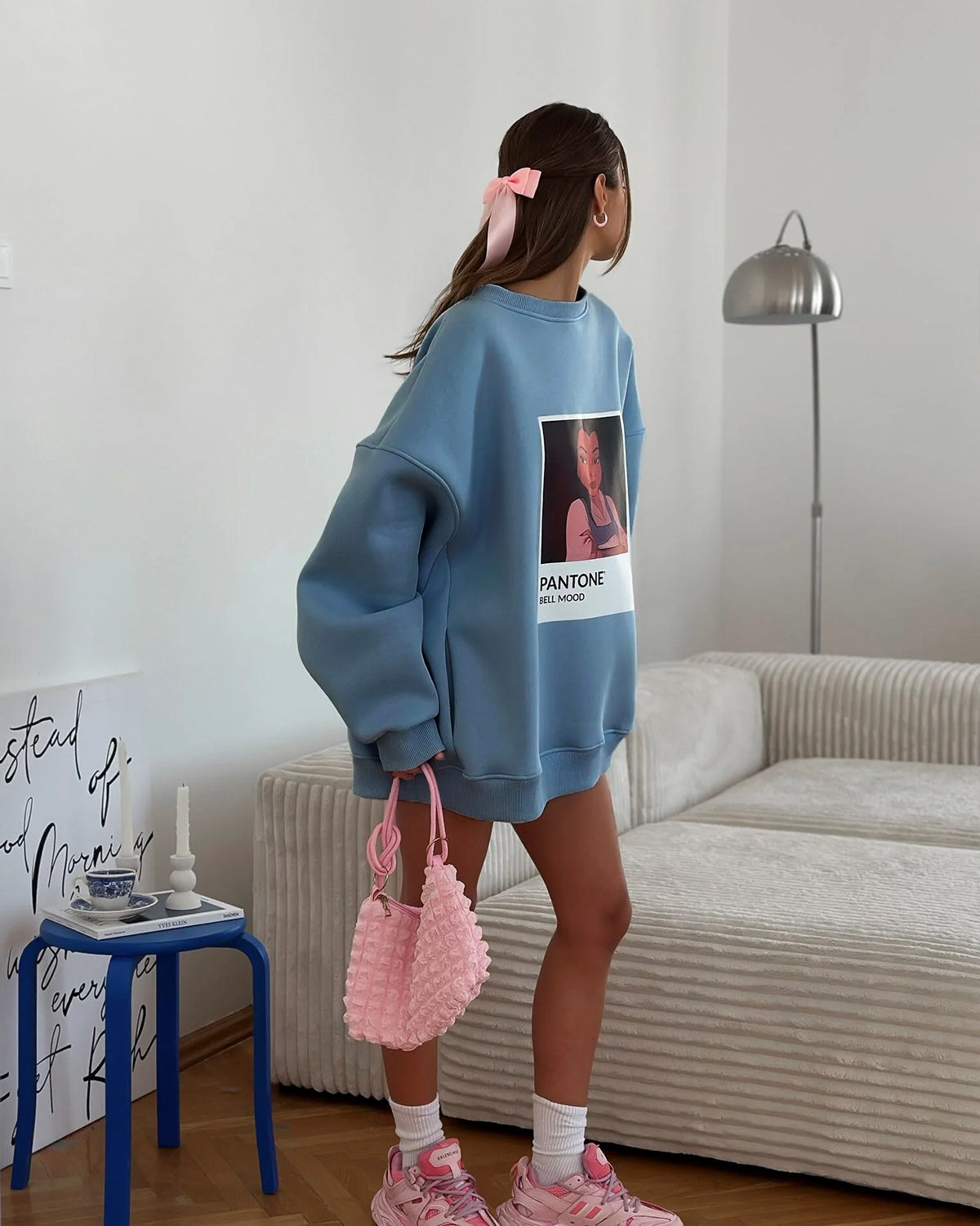 Kadın Oversize Sweat  – 3 İplik Şardonlu Polar, Bisiklet Yaka, Pantone – Prenses Baskılı
