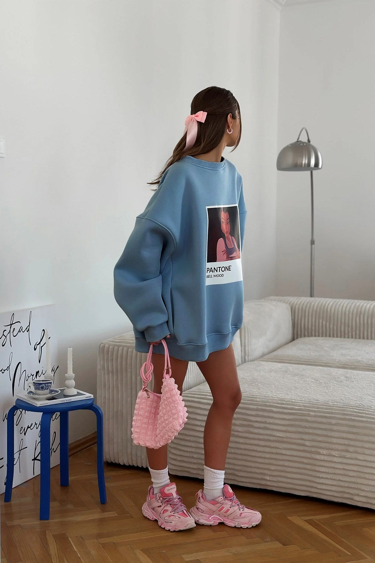Kadın Oversize Sweat  – 3 İplik Şardonlu Polar, Bisiklet Yaka, Pantone – Prenses Baskılı