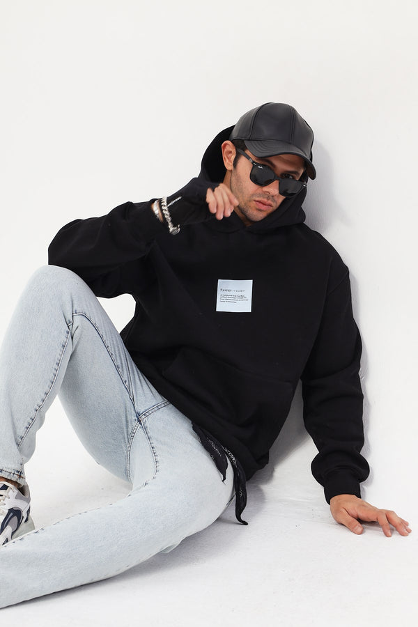 Kapüşonlu İçi Polar Syzygy Yazı Baskılı Siyah Oversize Hoodie Sweatshirt